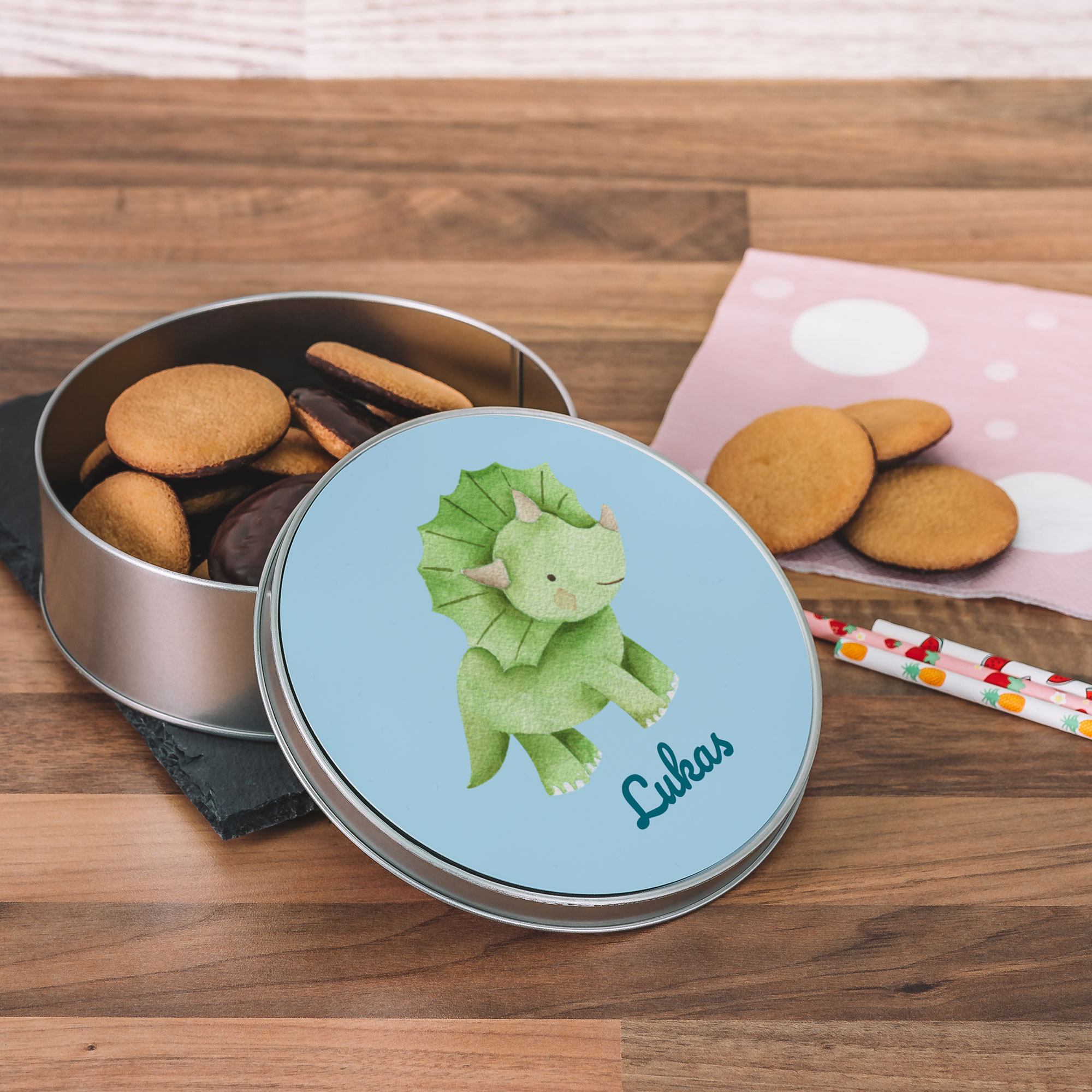 Runde Keksdose / Metalldose mit Wunschmotiv – Personalisierte Geschenkdose - kinder-druckerei.de