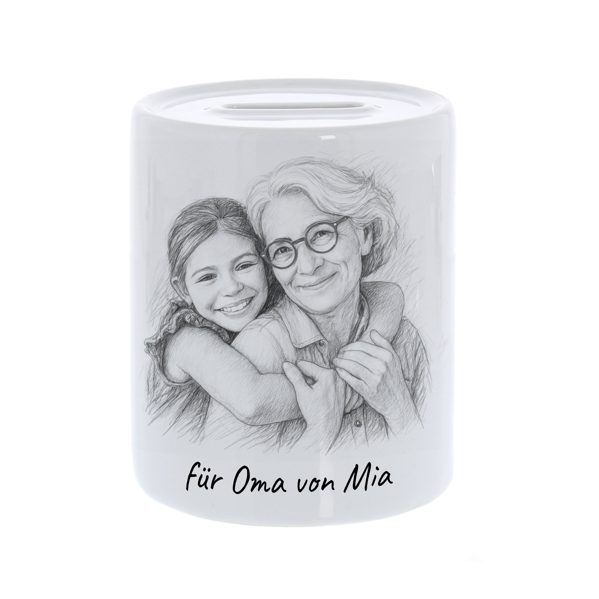 Spardose mit Bleistiftzeichnung und Text - kinder-druckerei.de