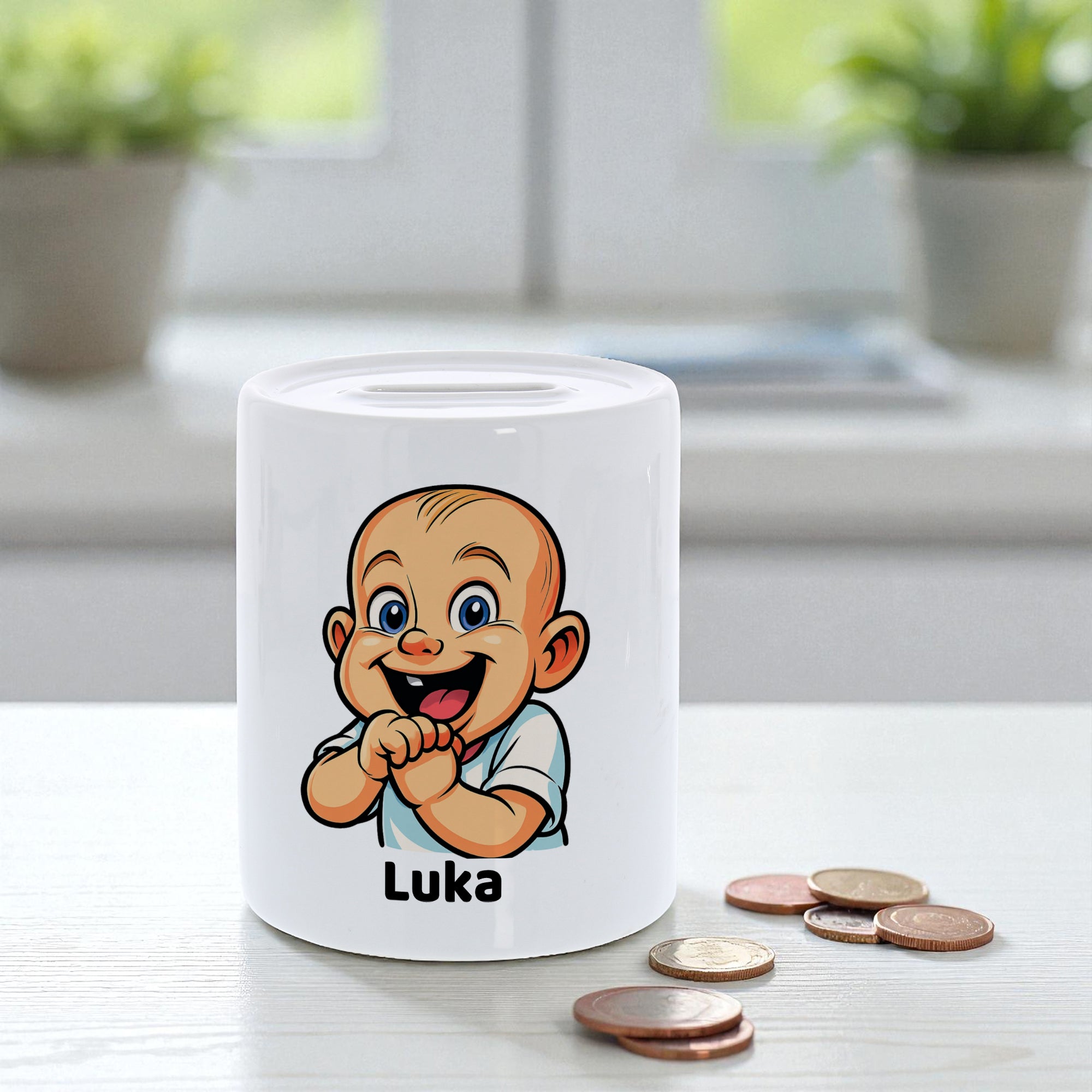 Piggy Bank with Caricature and Text