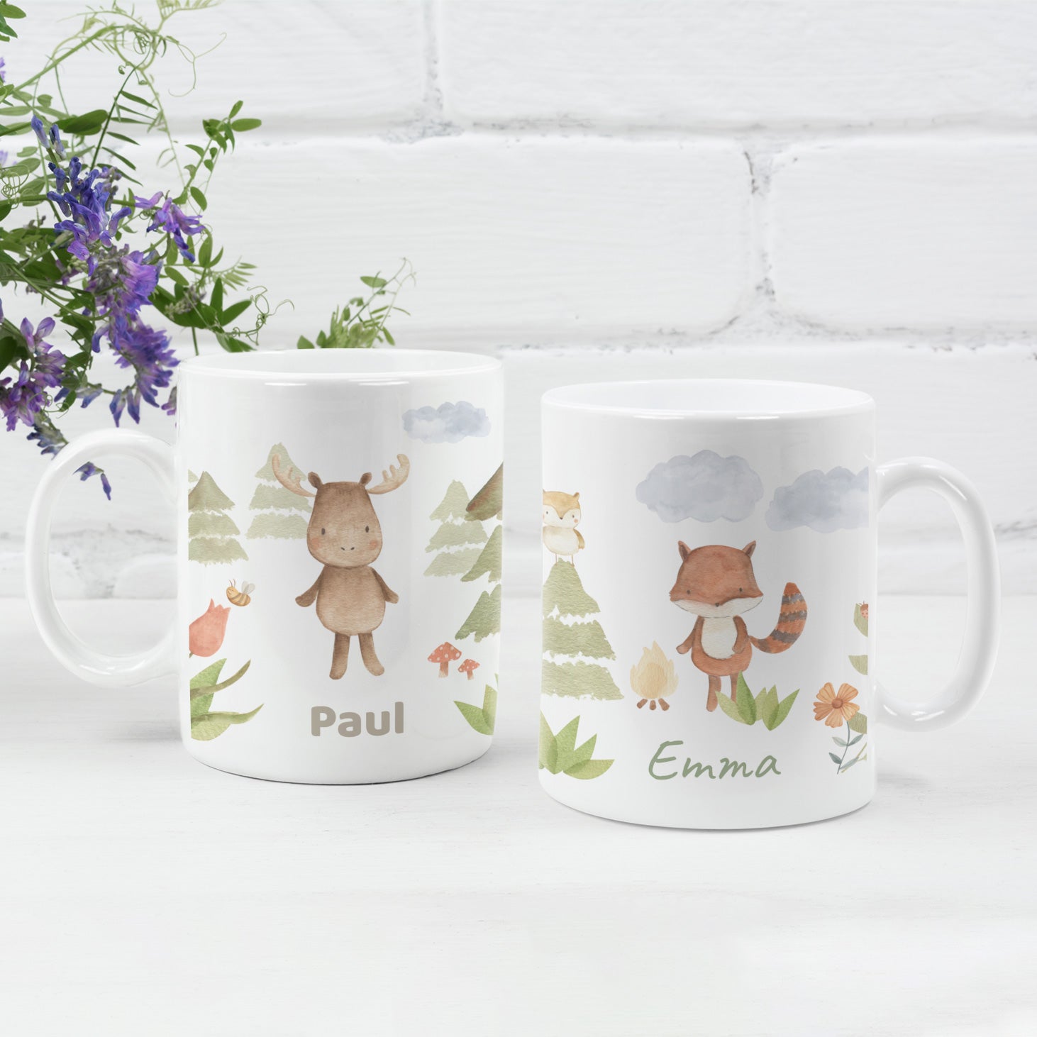 Personalisierte Kindertasse mit Namen – verschiedene Aquarell-Welten - kinder-druckerei.de