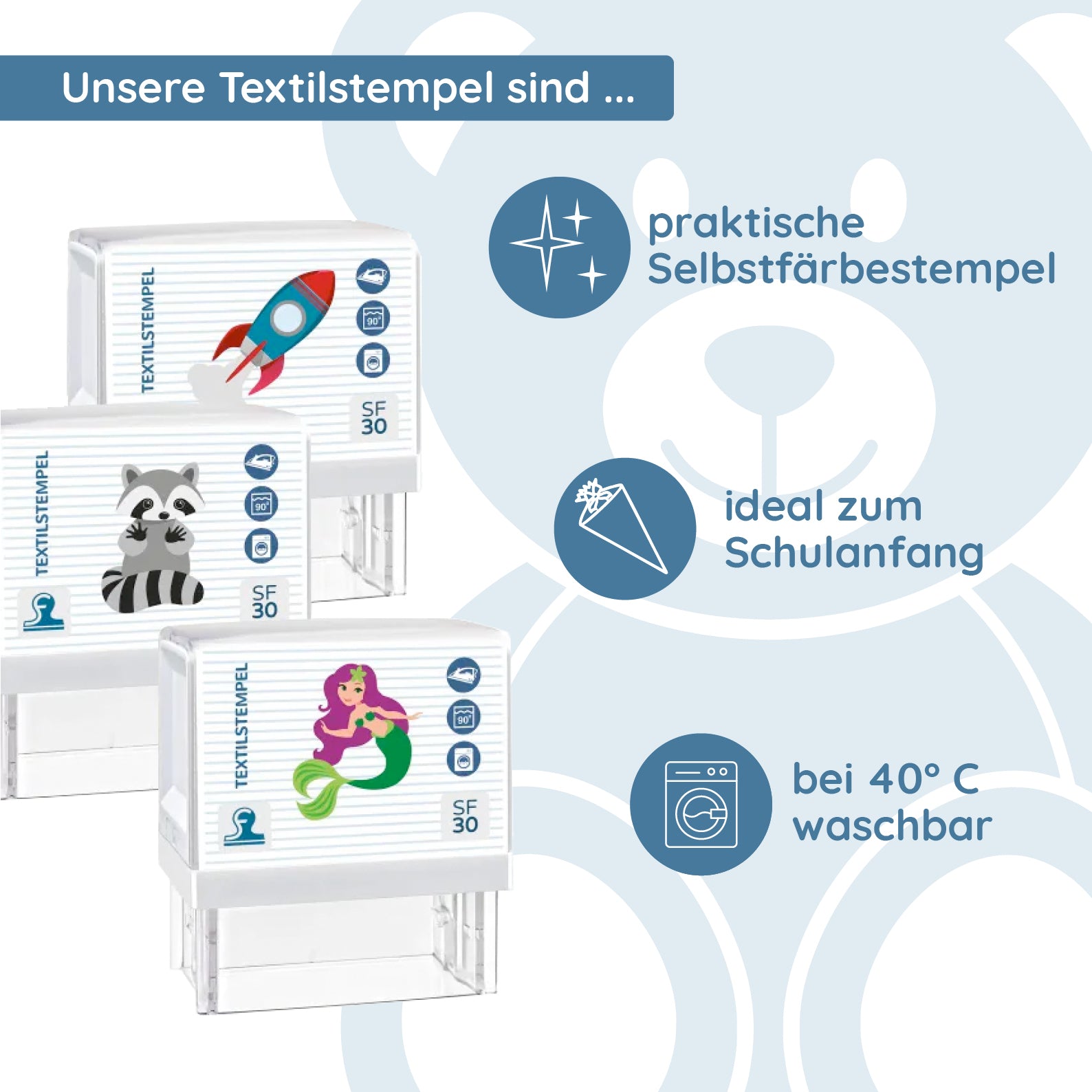 SF30 Textilstempel für Kinder mit Motiv und Personalisierung (47 x 18 mm) - kinder-druckerei.de