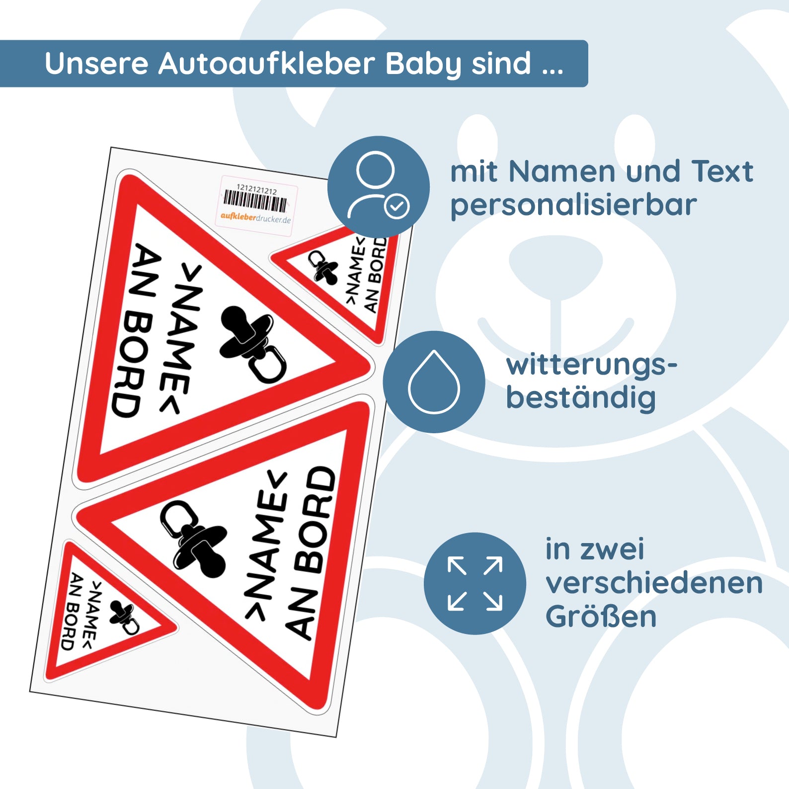 Personalisierte Autoaufkleber Baby an Bord (4 Stück 2x 120 mm 2x 45 mm) - kinder-druckerei.de