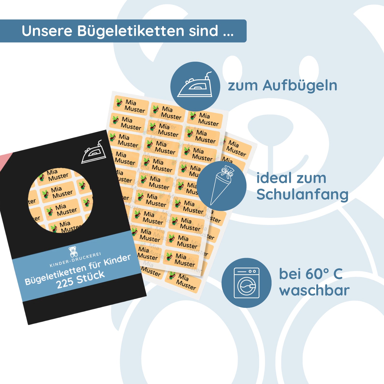 Bügeletiketten für Kinder (30x13 mm 225 Stück zum Aufbügeln) - kinder-druckerei.de