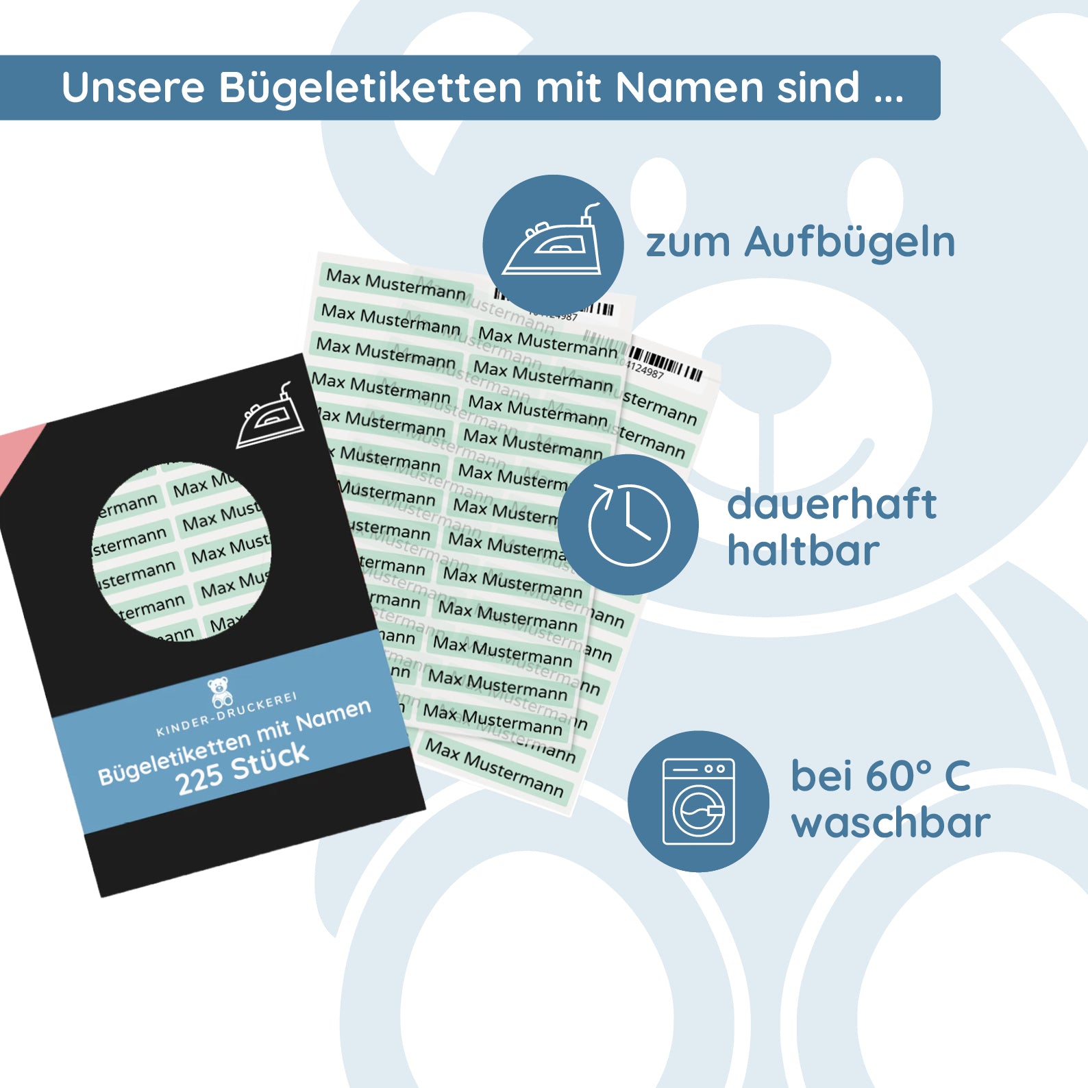 Bügeletiketten 52 × 9 mm mit Vor- und Nachname