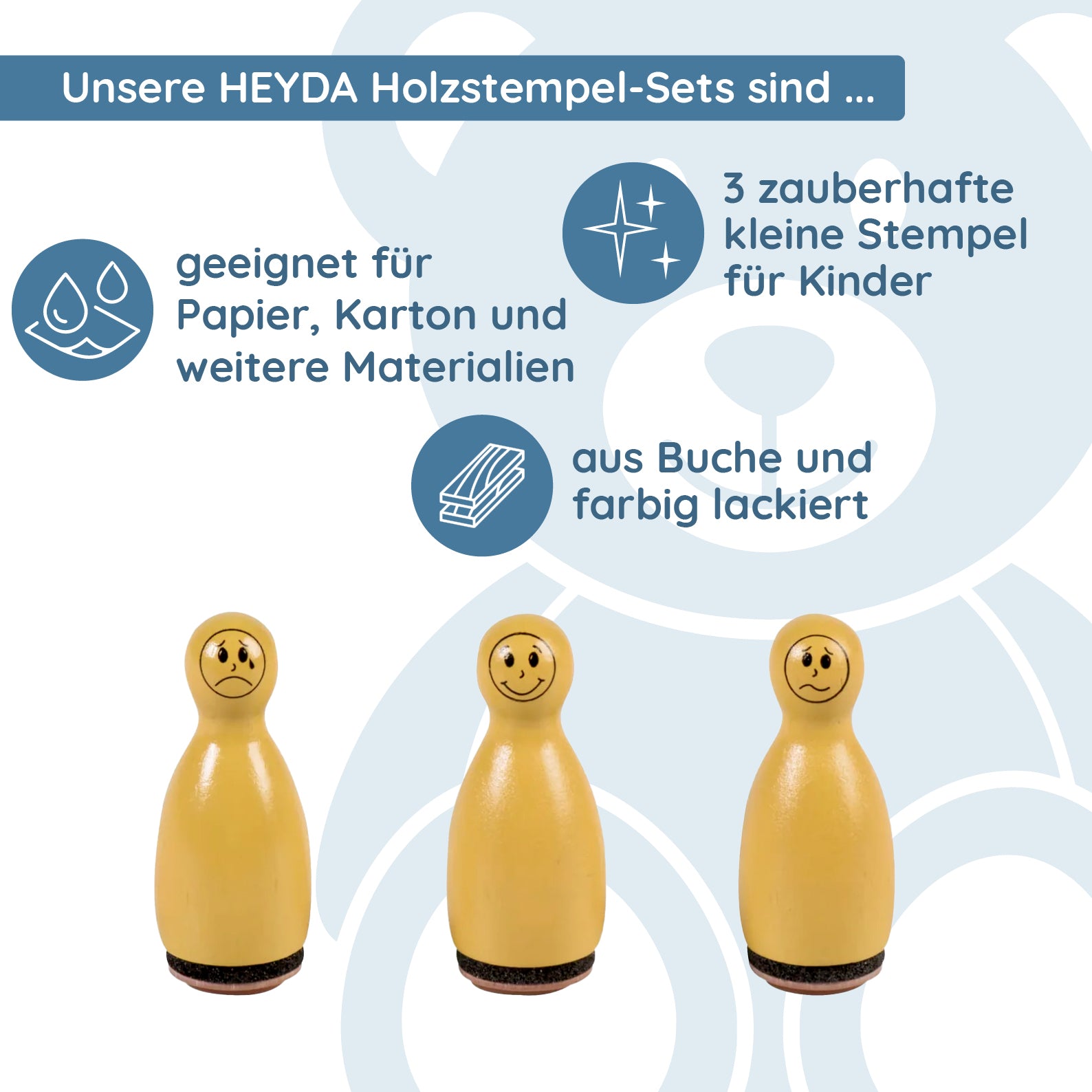 HEYDA Holzstempel Figuren-Set "Gesichter" – Orange (3 Stück - Ø 12 mm) - kinder-druckerei.de