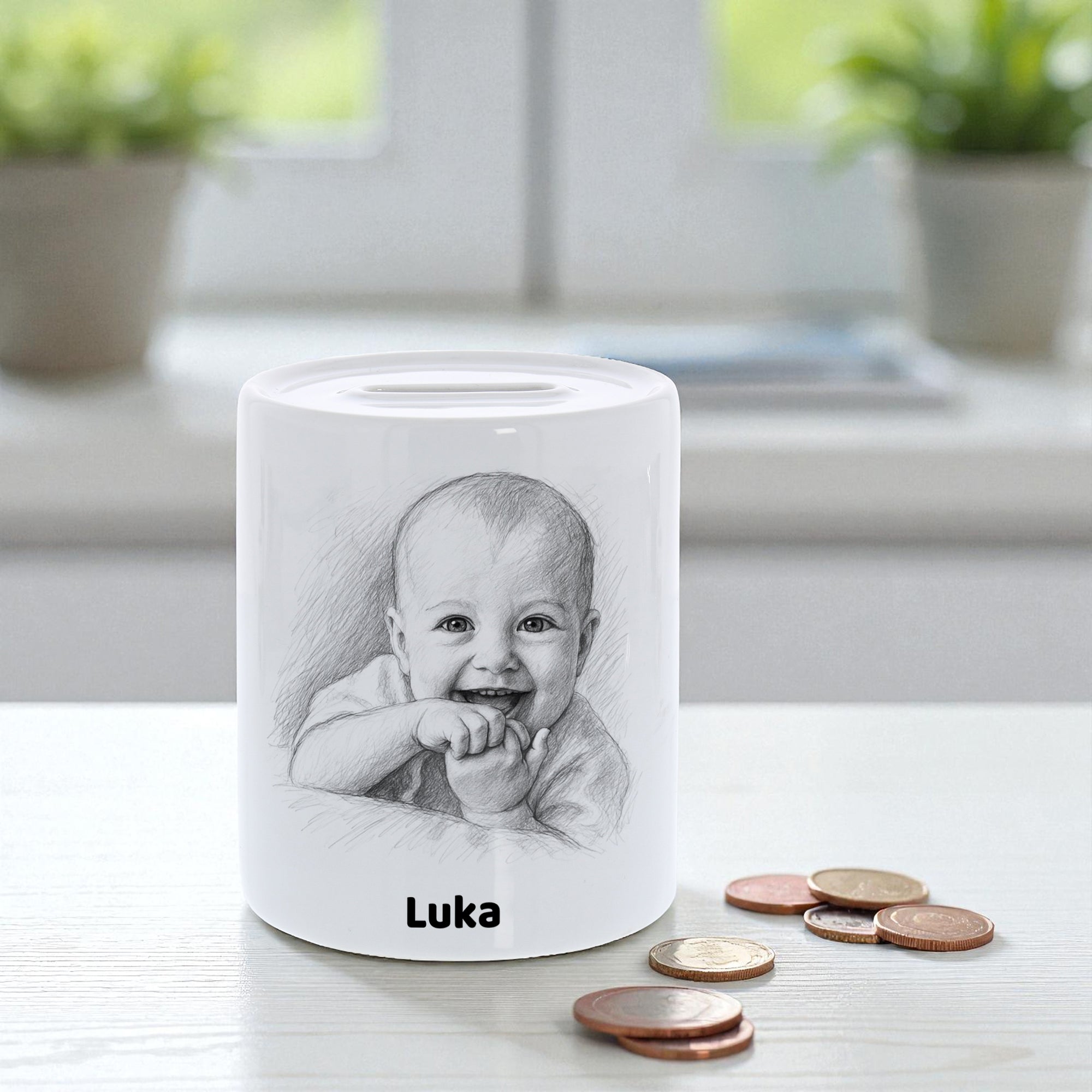 Spardose mit Bleistiftzeichnung und Text - kinder-druckerei.de