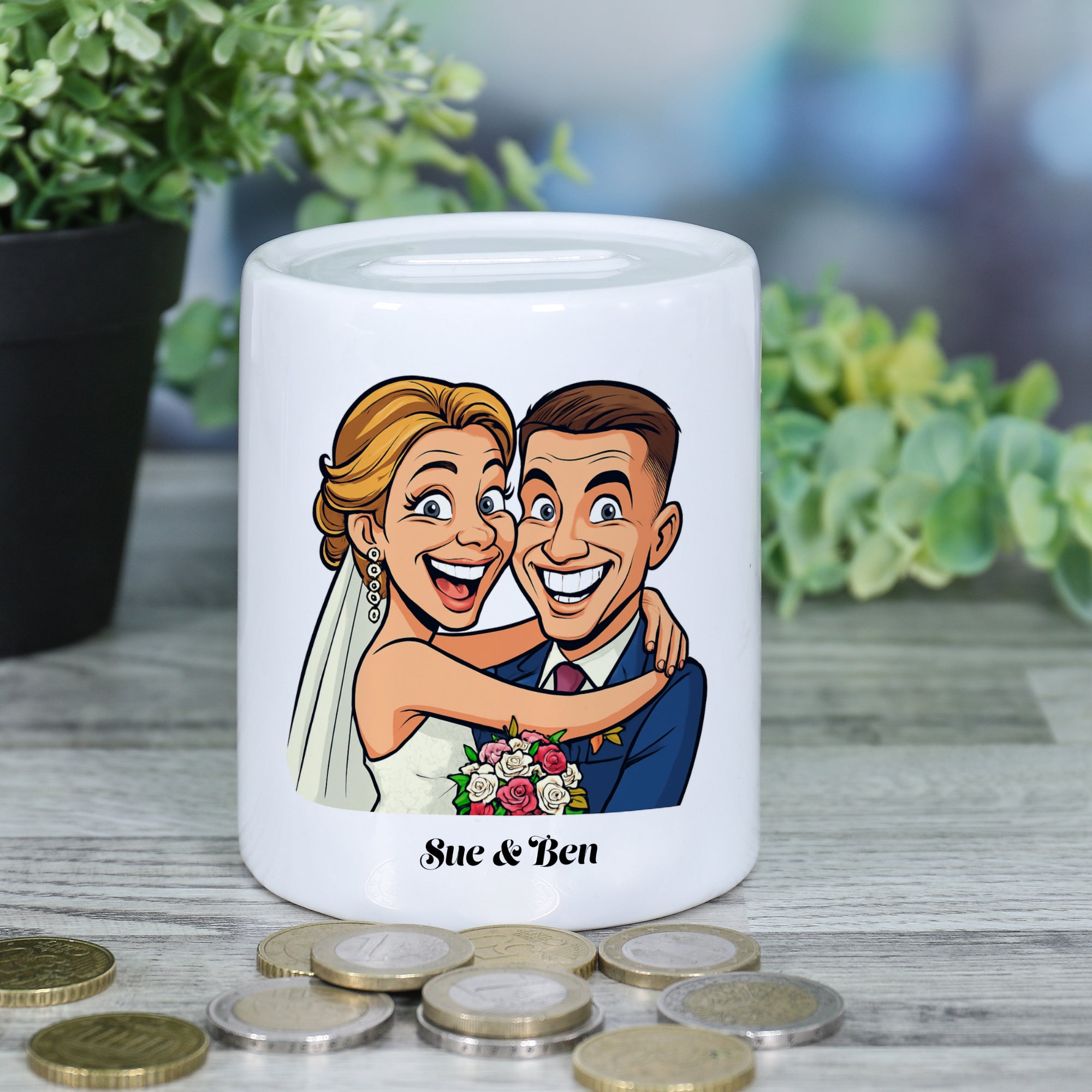 Piggy Bank with Caricature and Text