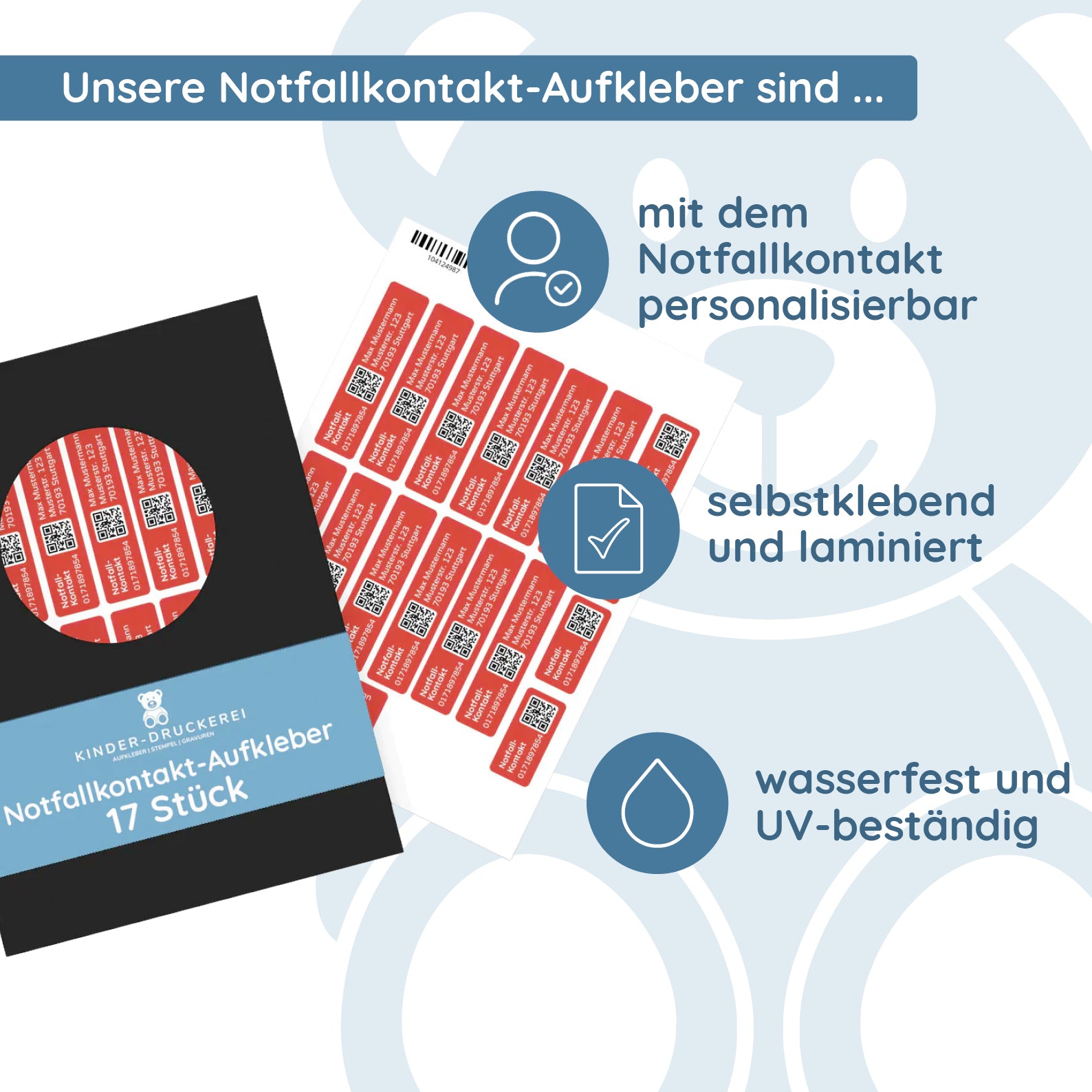Notfallkontakt-Aufkleberset mit Name, Telefonnummer & Adresse, stark haftend, 60x13 + 30x13 mm - kinder-druckerei.de