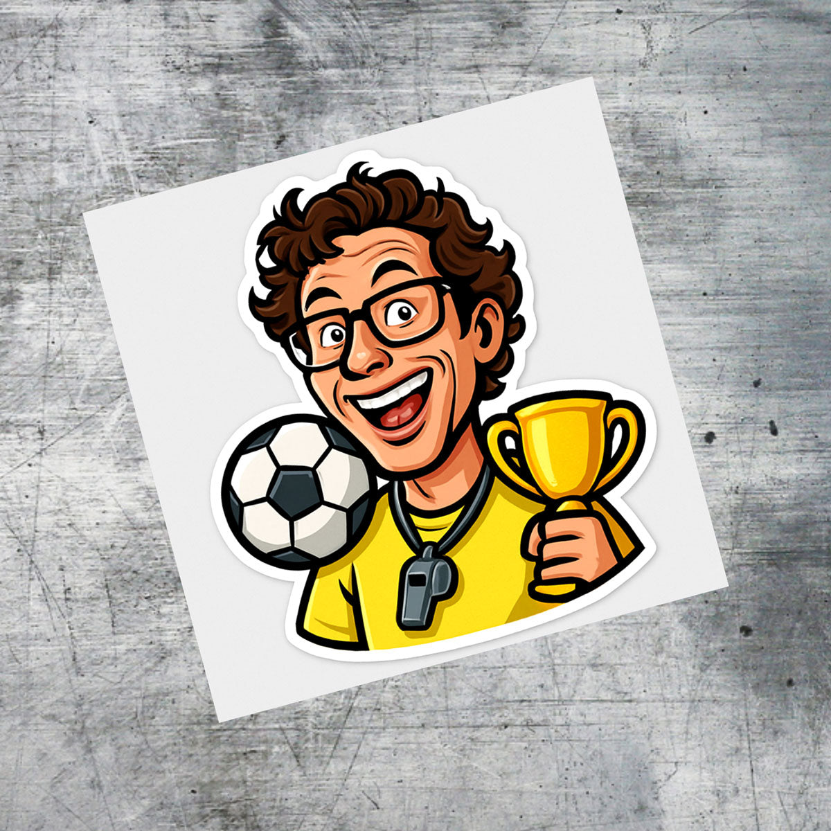 Fußball-Karikatur-Sticker auf Fan-Koffer angebracht