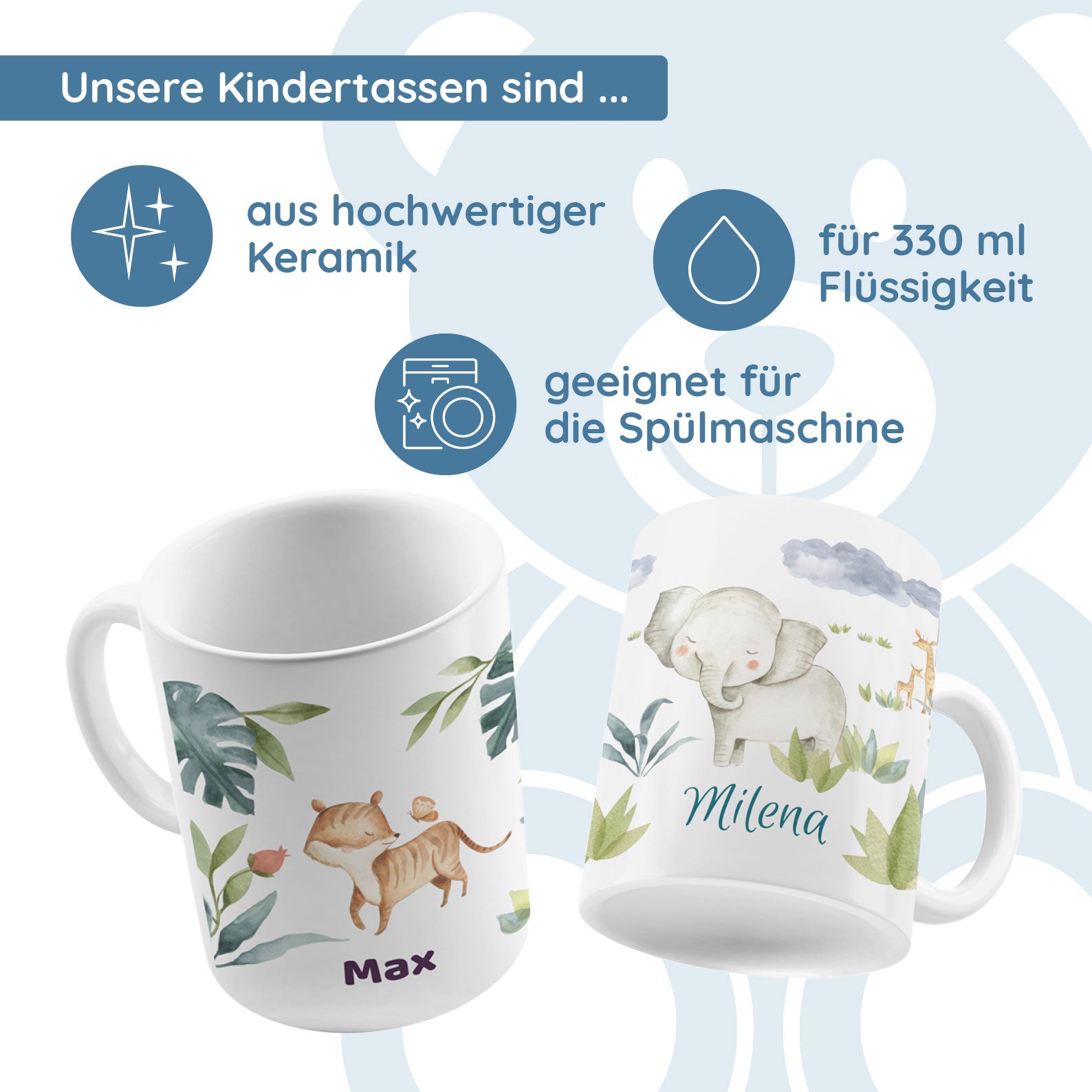 Personalisierte Kindertasse mit Namen – verschiedene Aquarell-Welten - kinder-druckerei.de