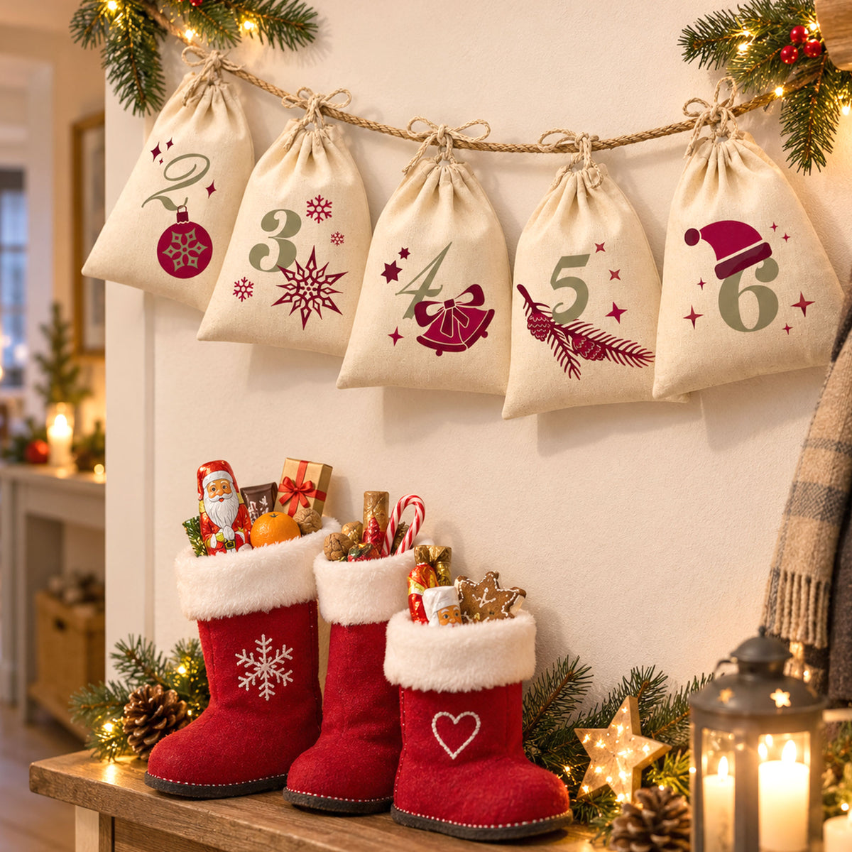 Adventskalender mit 24 Säckchen zum Befüllen & Personalisieren (mit Kordel)