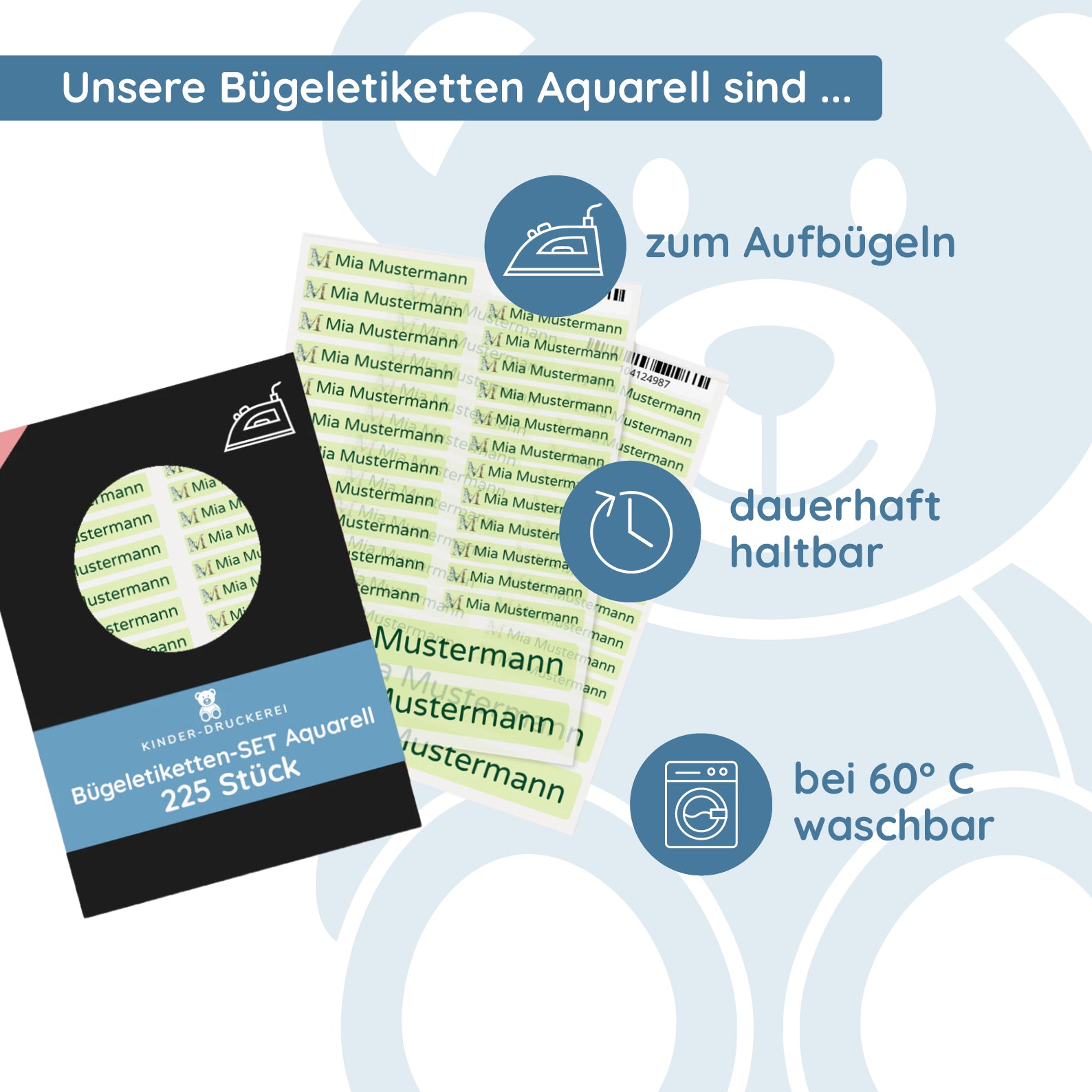 Bügeletiketten "Aquarell" & Individualisierung (Set mit 225 Etiketten) - kinder-druckerei.de