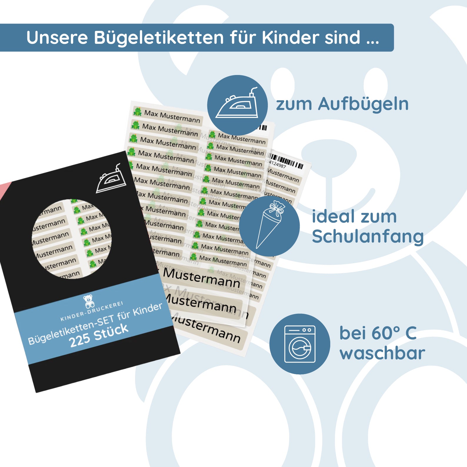 Bügeletiketten für Kinder mit verschiedenen Motiven (Set mit 225 Etiketten) - kinder-druckerei.de