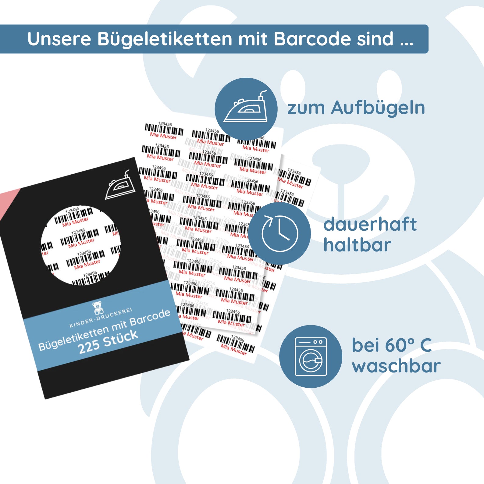 225 Stück Bügeletiketten mit Barcode 30x13 mm - kinder-druckerei.de
