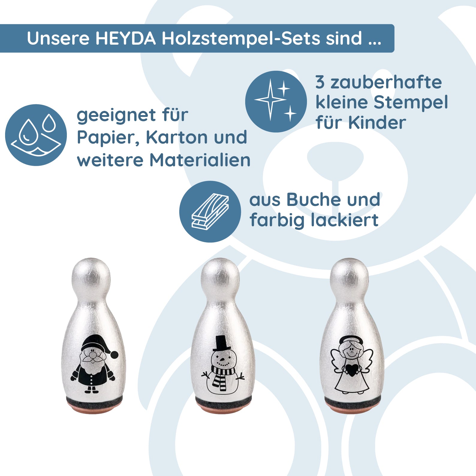 HEYDA Holzstempel-Figuren Set "Weihnachten" – Silber (3 Stück - Ø 12 mm) - kinder-druckerei.de