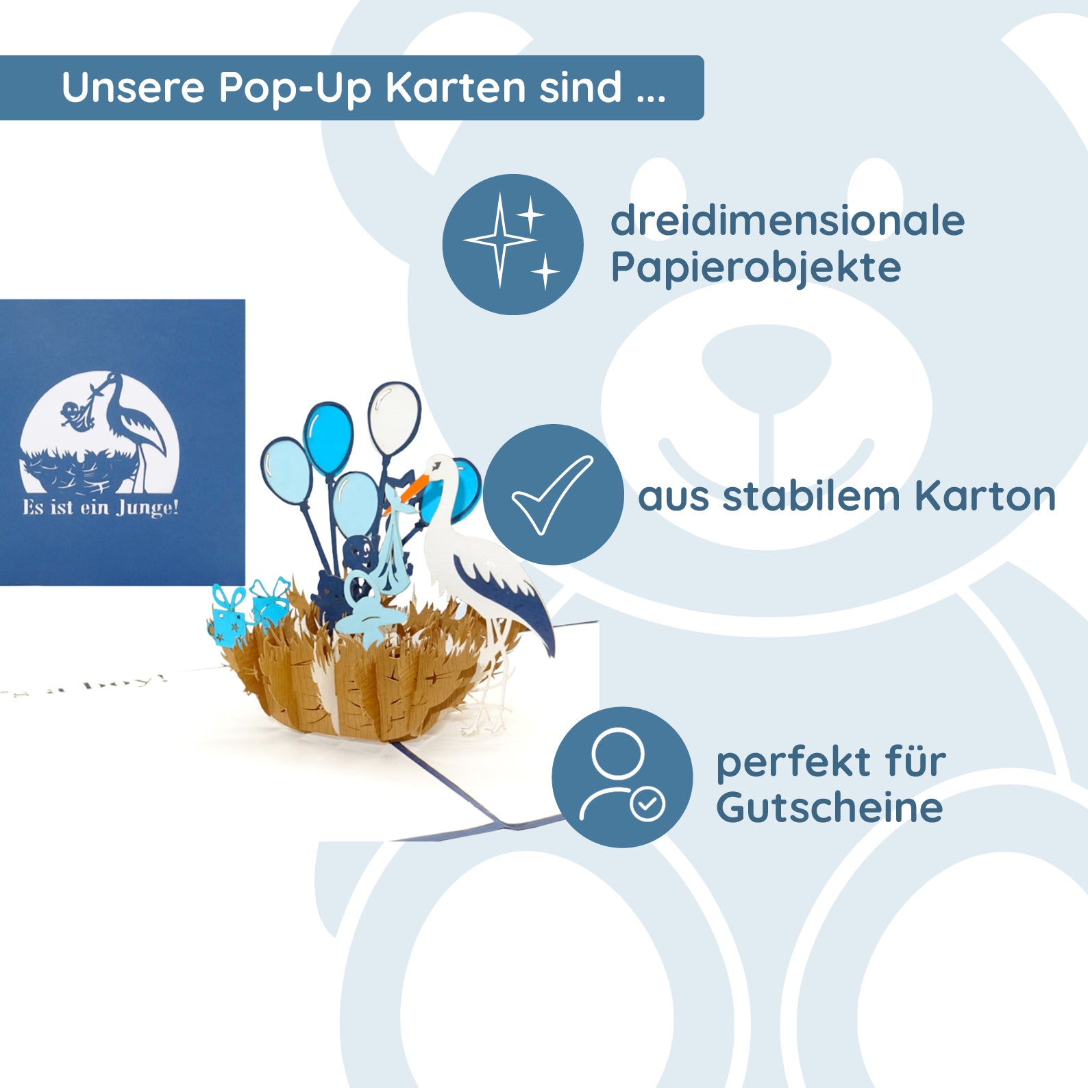 Colognecards Pop-Up Karte Storch - Geburt Junge